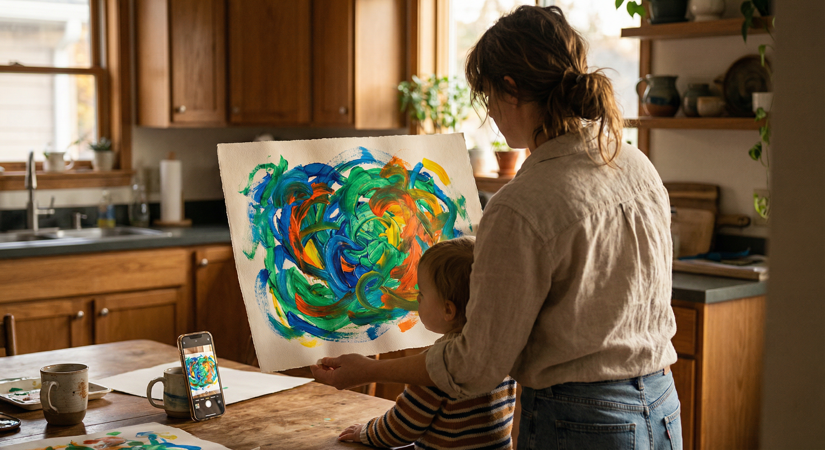 Mom photographing child's artwork with phone to document learning