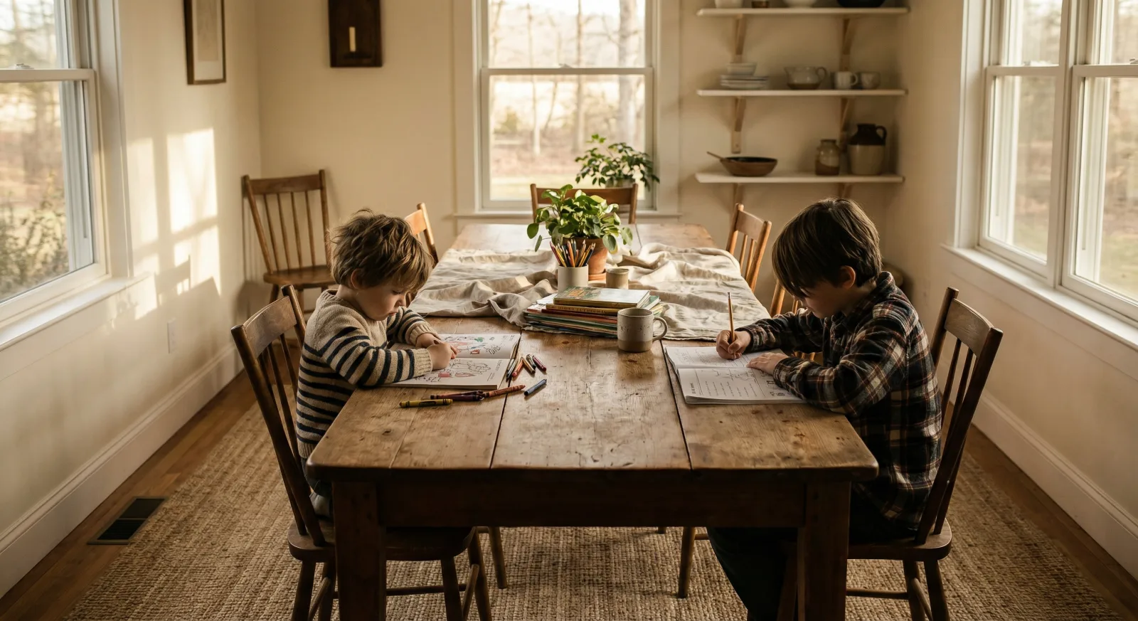 Two children working at a farmhouse table  -  learning documented