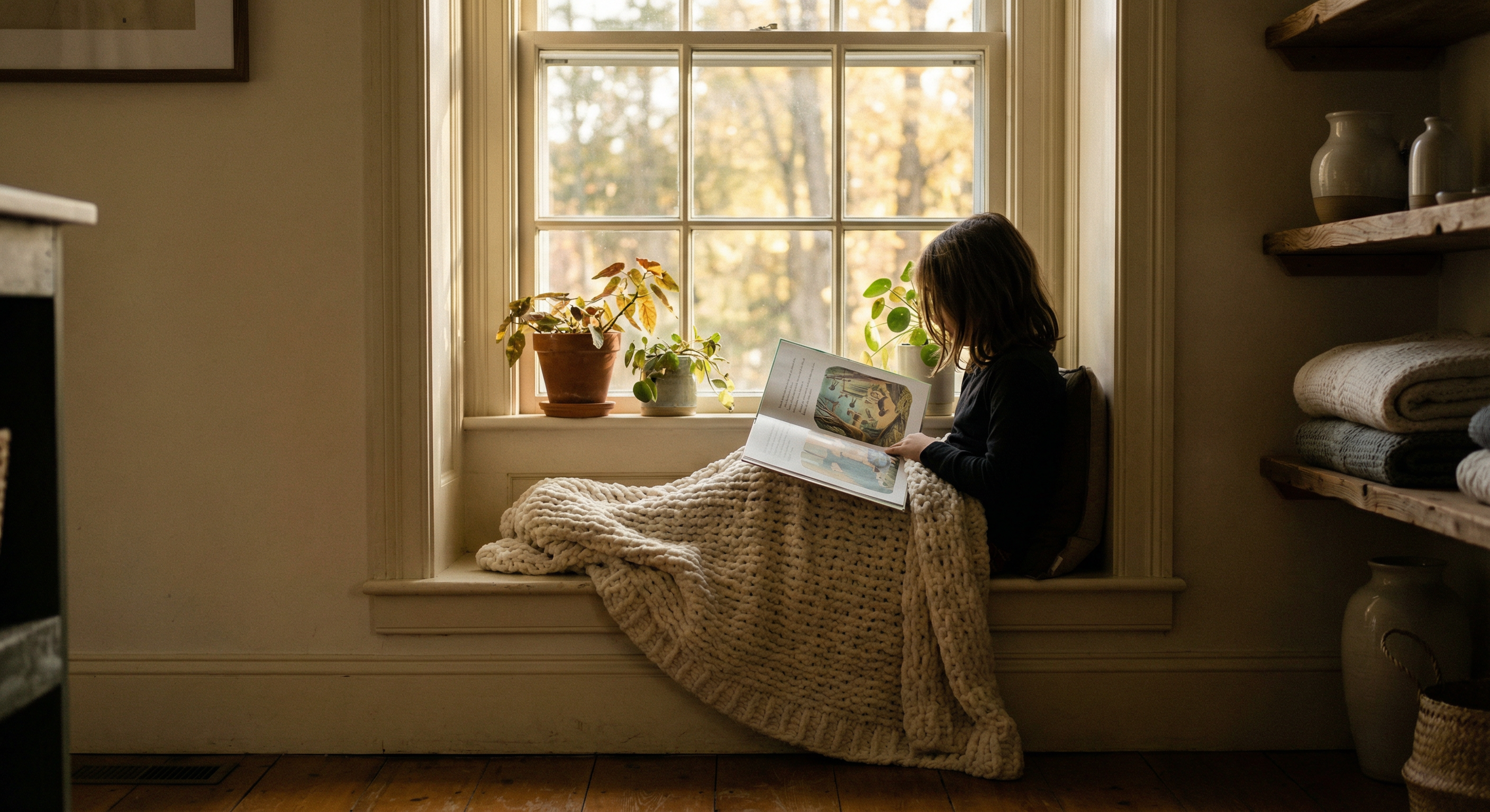 Homeschool language arts - child reading by window