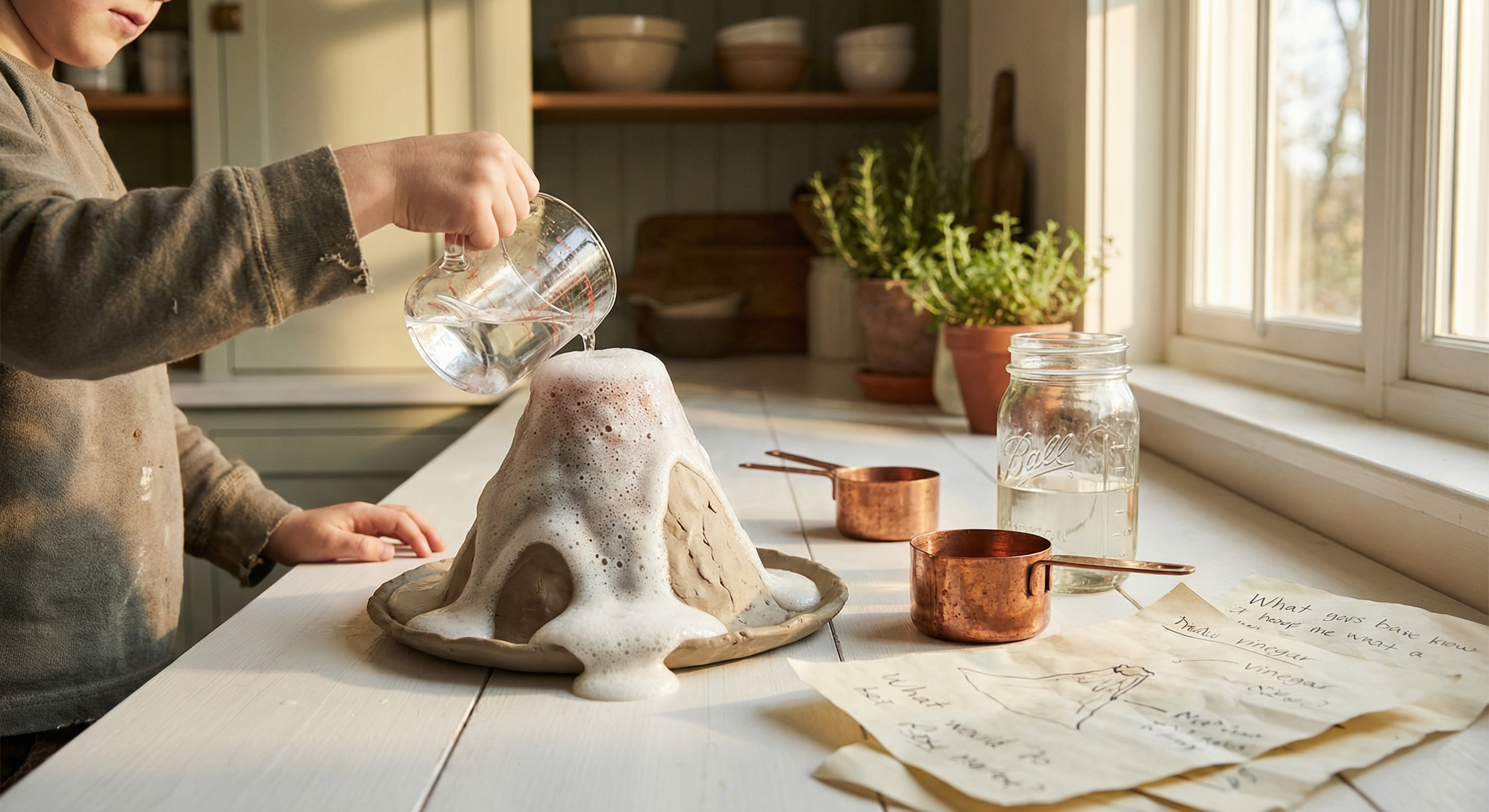 Homeschool science experiment - child doing volcano project with baking soda
